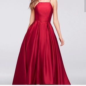 Betsy & Adam high low red satin dress w/ pockets